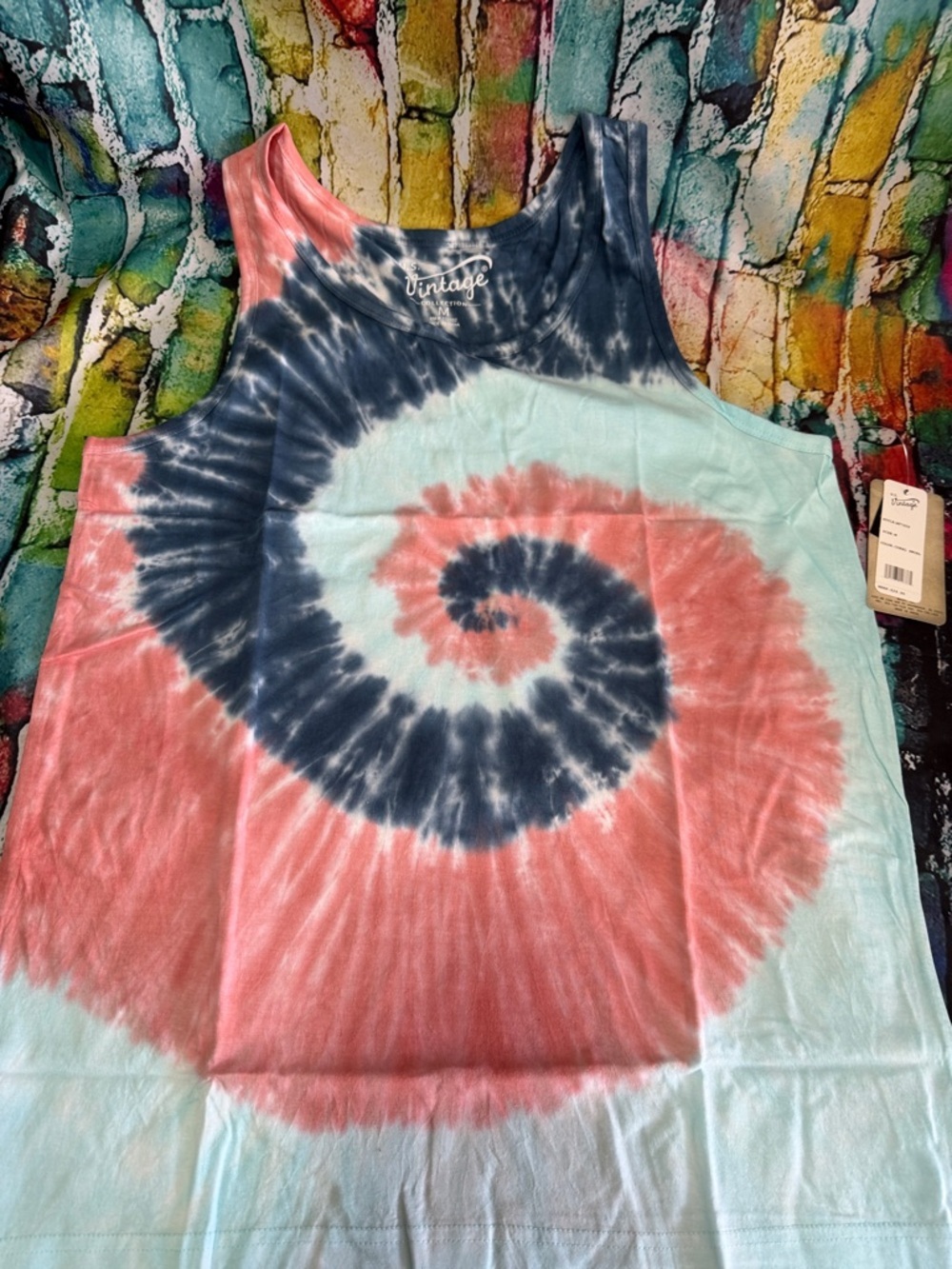 U.S. Vintage Tie-Dye Spiral Tank Top — Navy, Coral & Mint medium